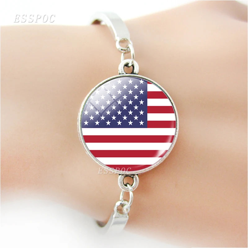 Bracelet Necklace Earrings Jewelry Set the United States Flag Glass