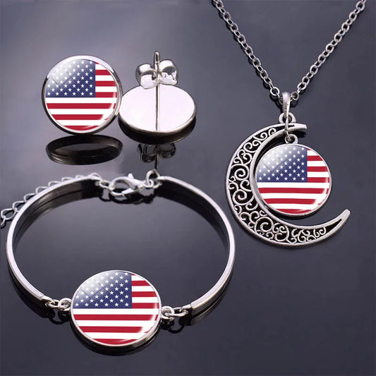 Bracelet Necklace Earrings Jewelry Set the United States Flag Glass