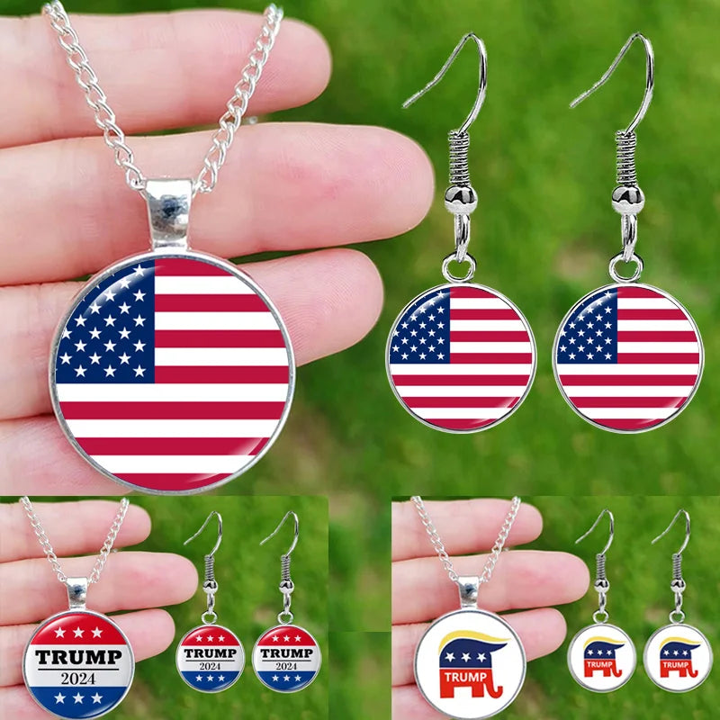 America Flag Jewelry Sets Trump 2024 Trendy Glass Pendant Necklace Drop Earrings for Friends Gift